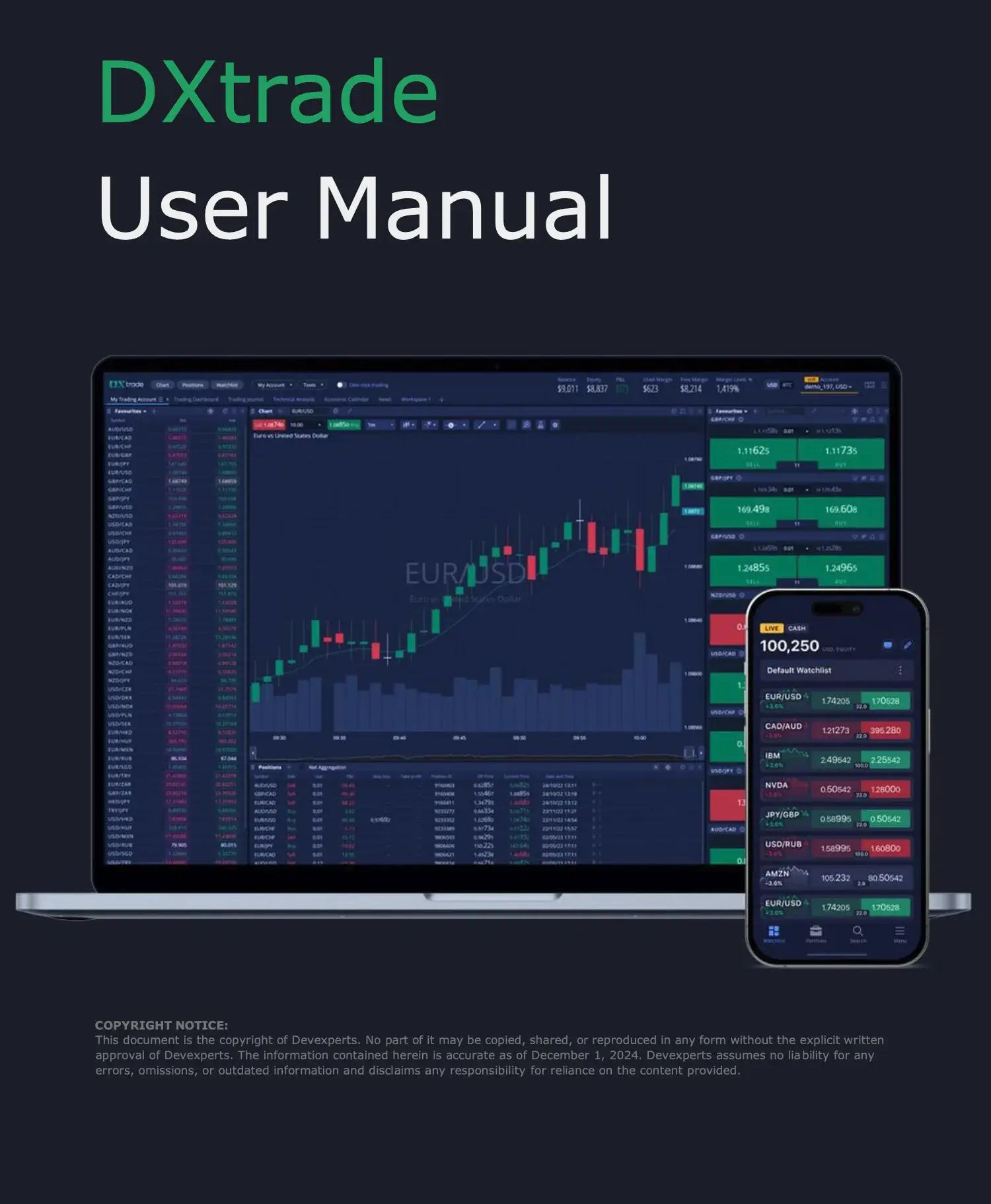 DXtrade User Manual cover showing the multi-asset trading terminal on desktop and mobile