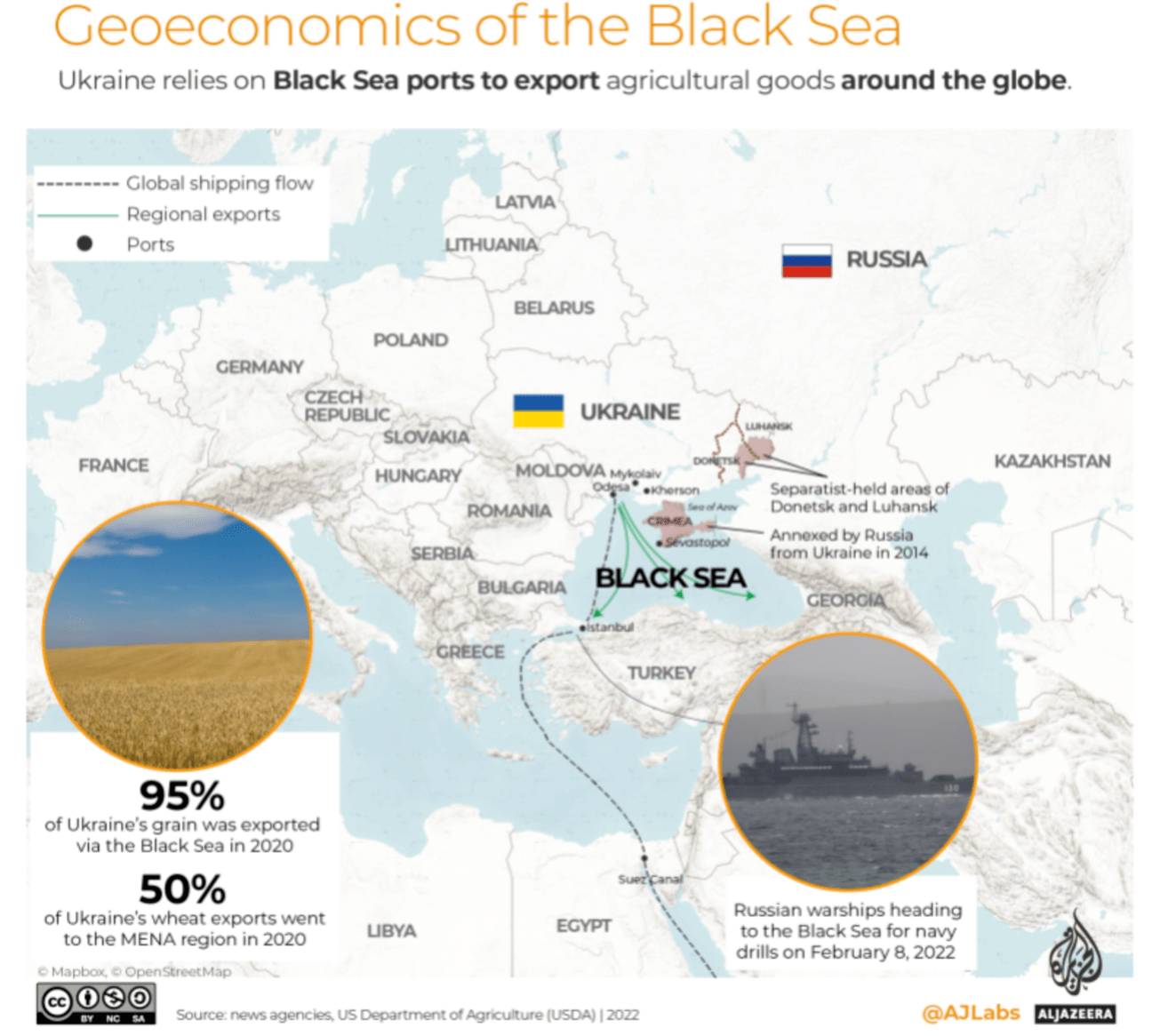 Map showing Ukraine wheat exporting routes through the Black Sea. The Russia-Ukraine war makes the route non-operational.