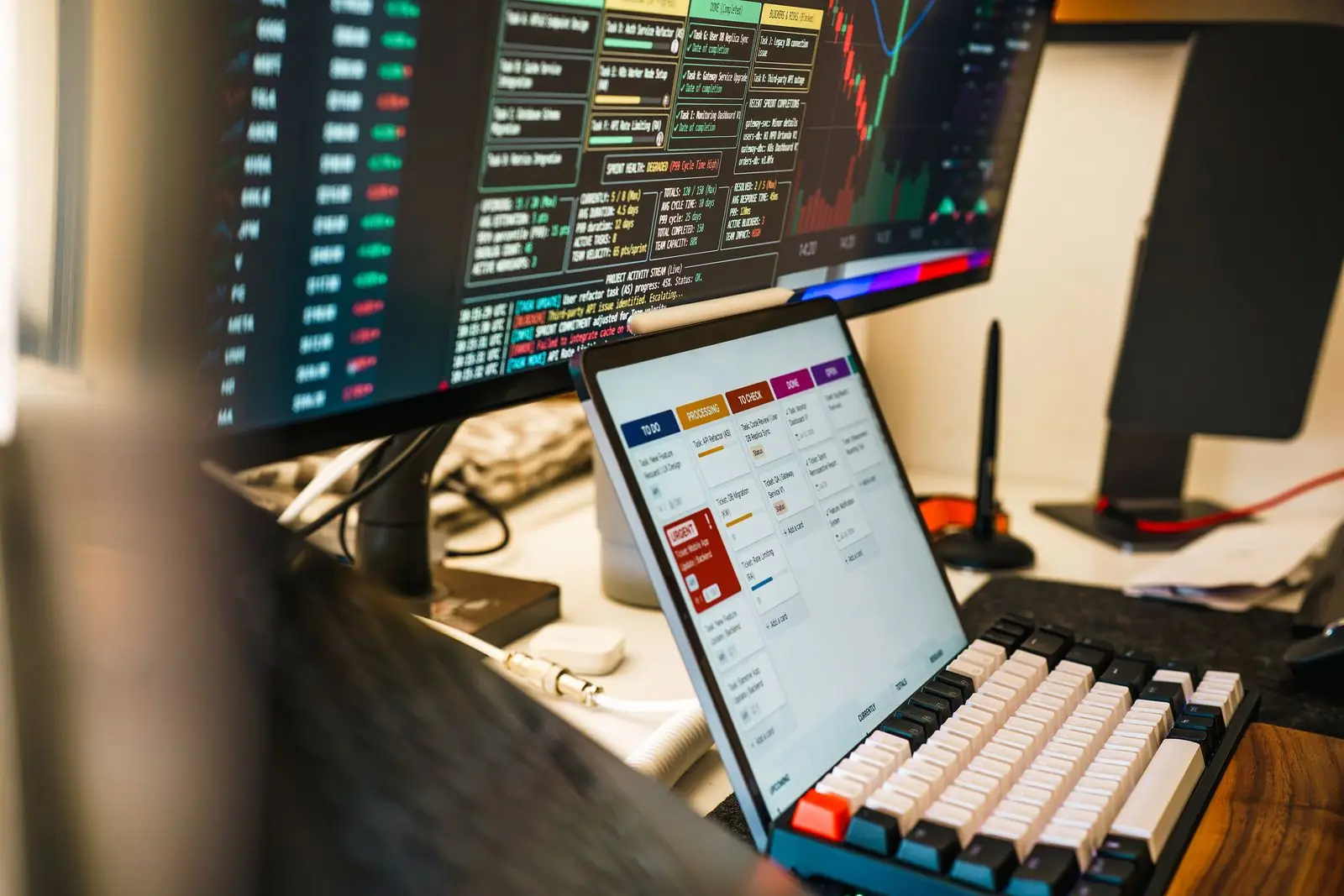 Laptop and second monitor showing candlestick charts on a home trading desk