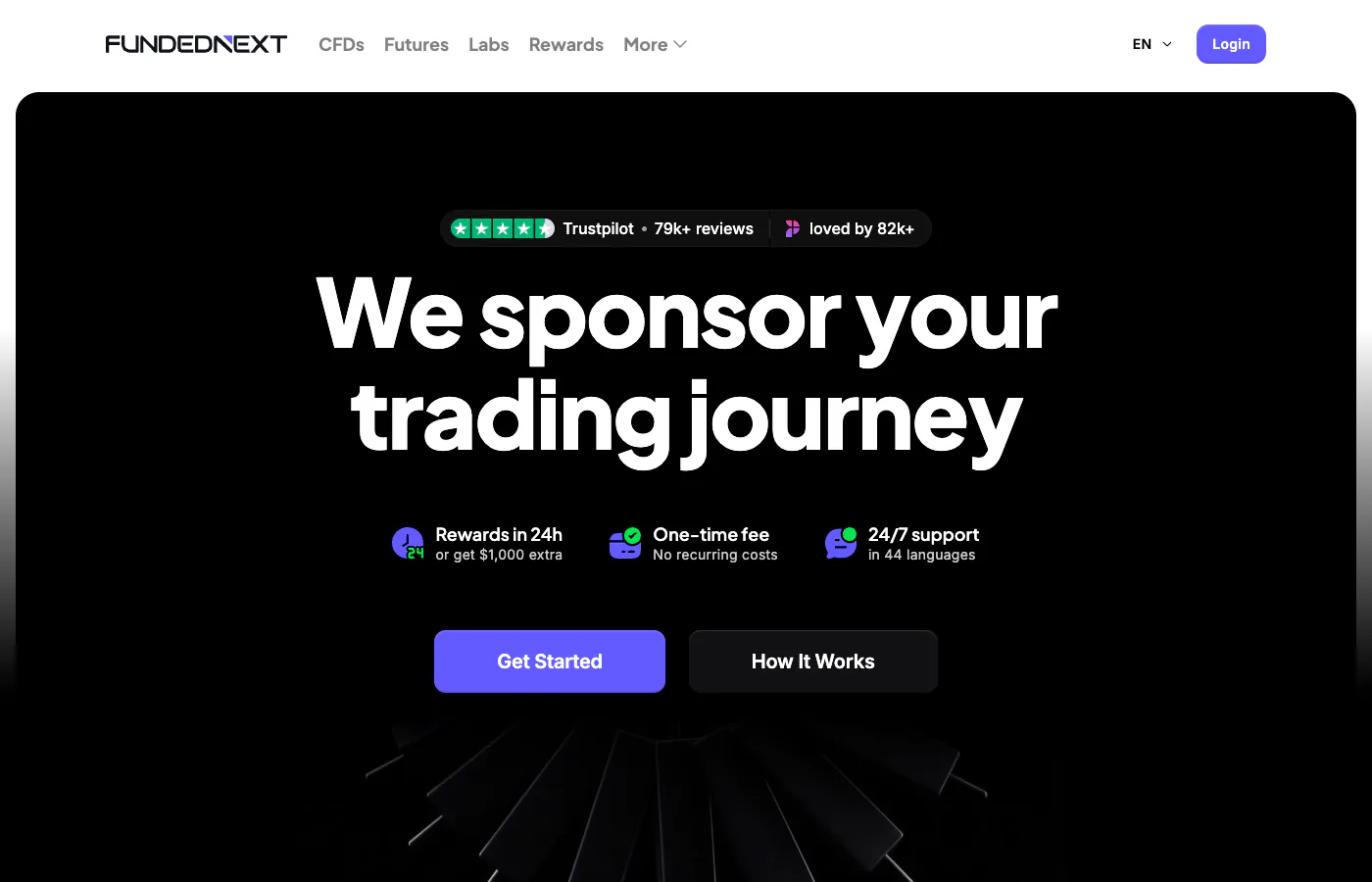 FundedNext homepage showing its CFD challenge types and account options.