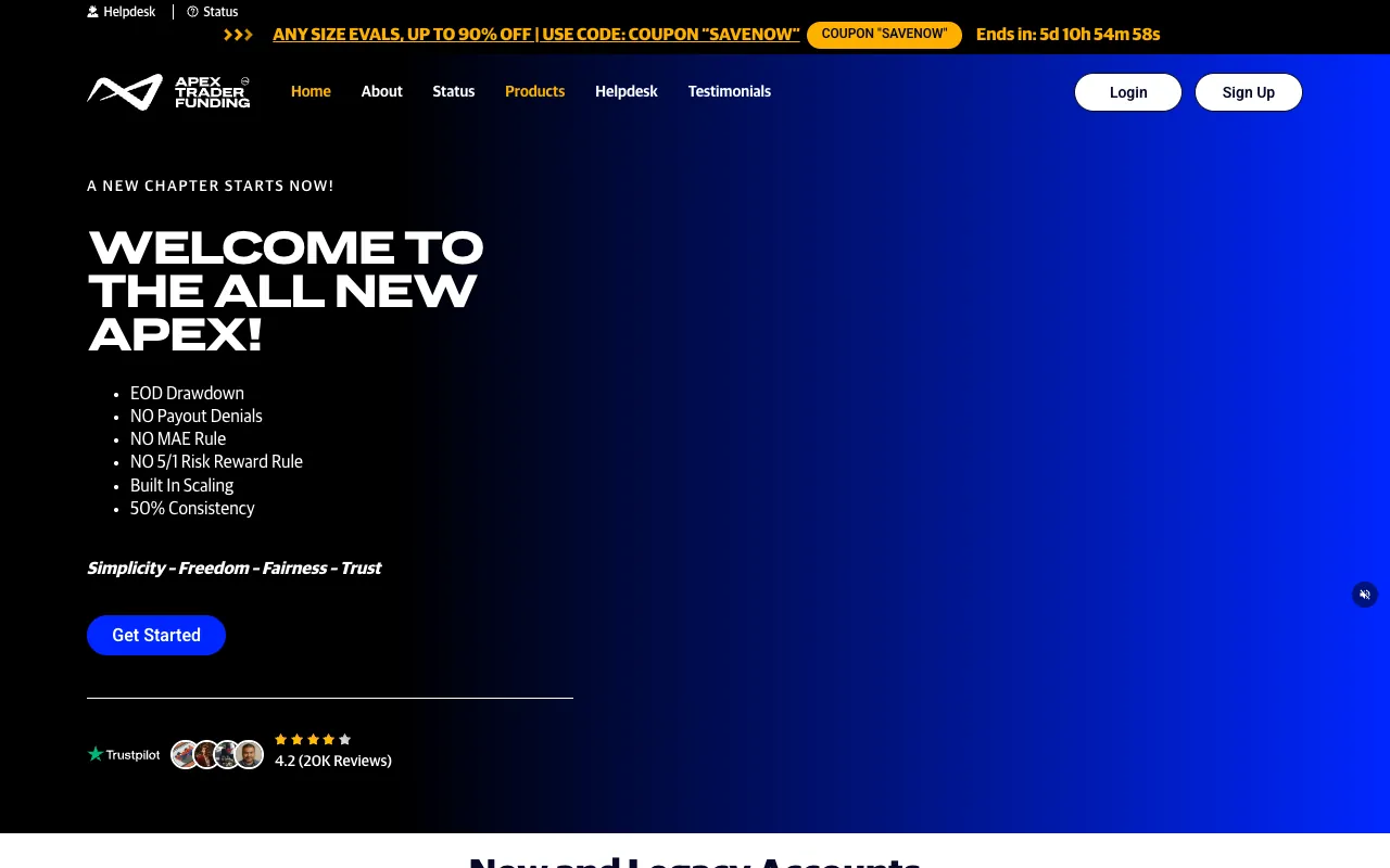 Apex Trader Funding website homepage, 'Welcome to the all new Apex', listing EOD drawdown, no MAE rule, no 5/1 risk-reward rule, and 50% consistency. Screenshot July 2026.