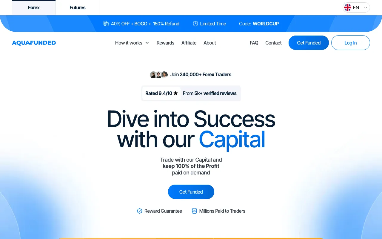 Aqua Funded website homepage reading 'Dive into Success with our Capital', citing 240,000-plus forex traders and a 9.4/10 rating. Screenshot July 2026.