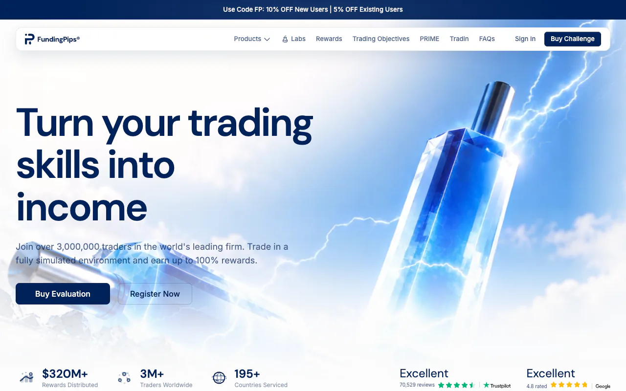 FundingPips homepage showing its prop trading challenge offer.