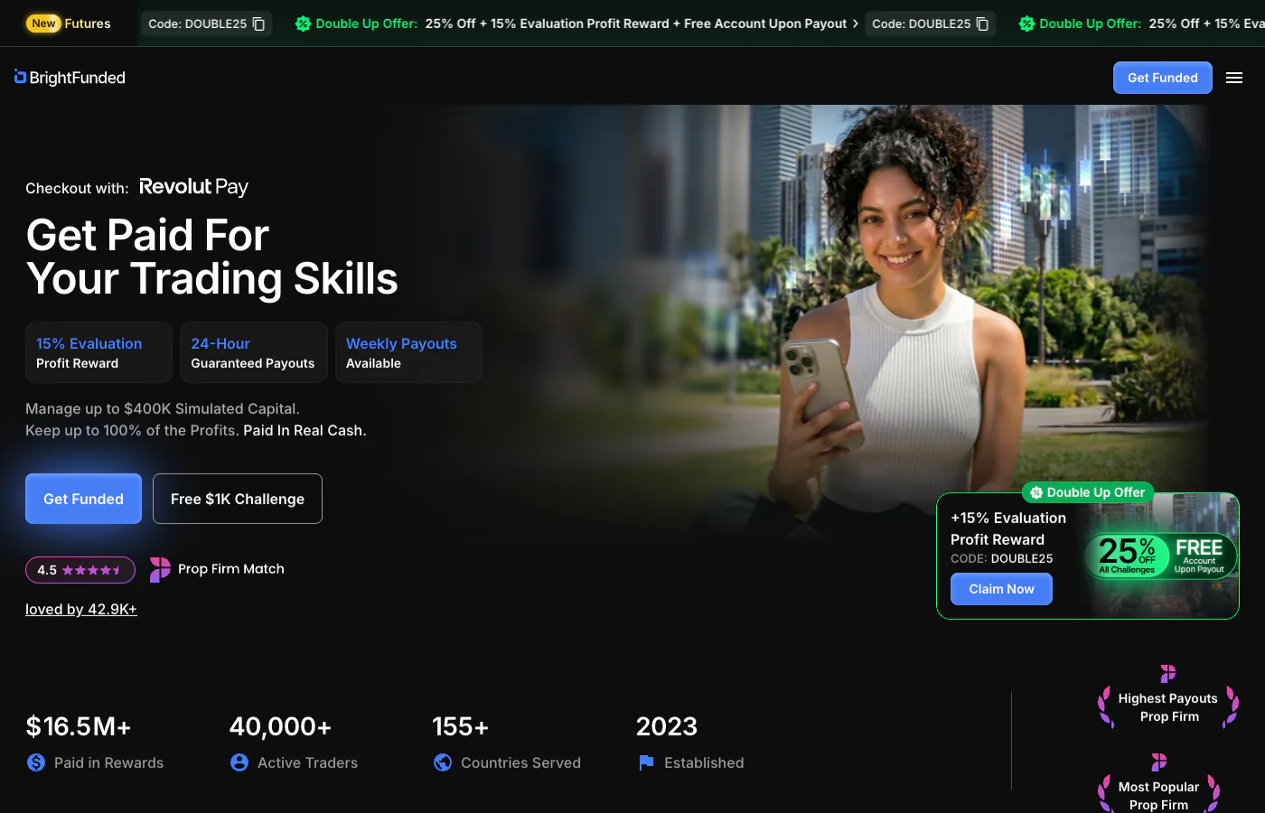 BrightFunded homepage showing the Get Paid For Your Trading Skills hero and a Double Up offer banner.