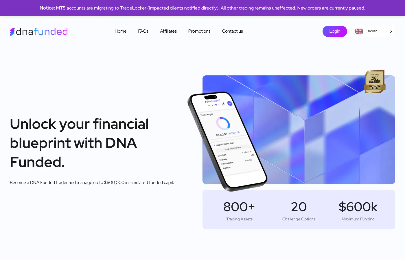 DNA Funded homepage showing the Unlock your financial blueprint hero and a notice about the MT5 to TradeLocker migration.