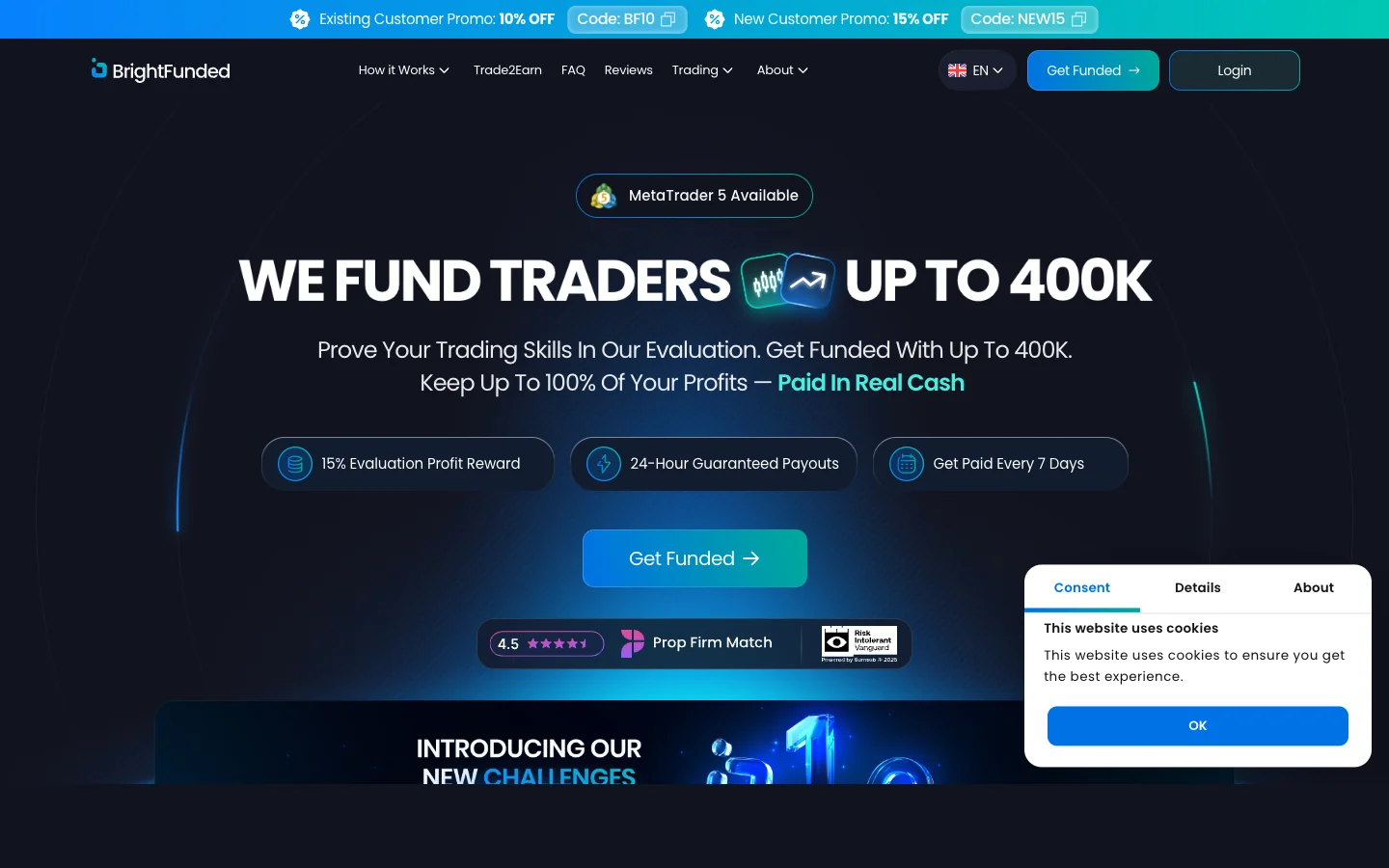 BrightFunded challenge page showing beginner-friendly funded account plans and evaluation flow.