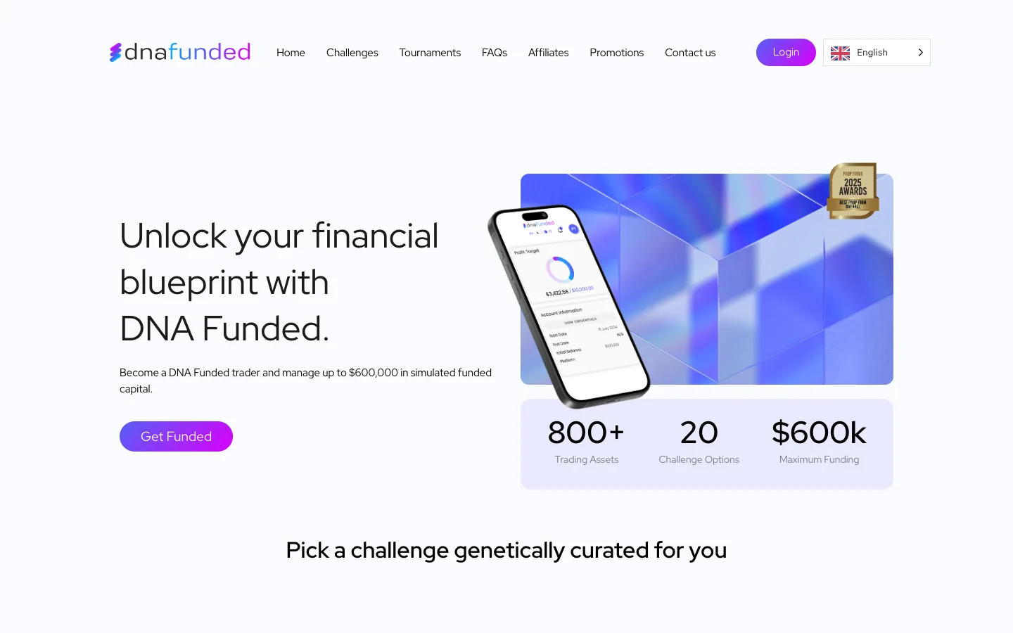 DNA Funded program page with low-entry challenge options and account funding details.