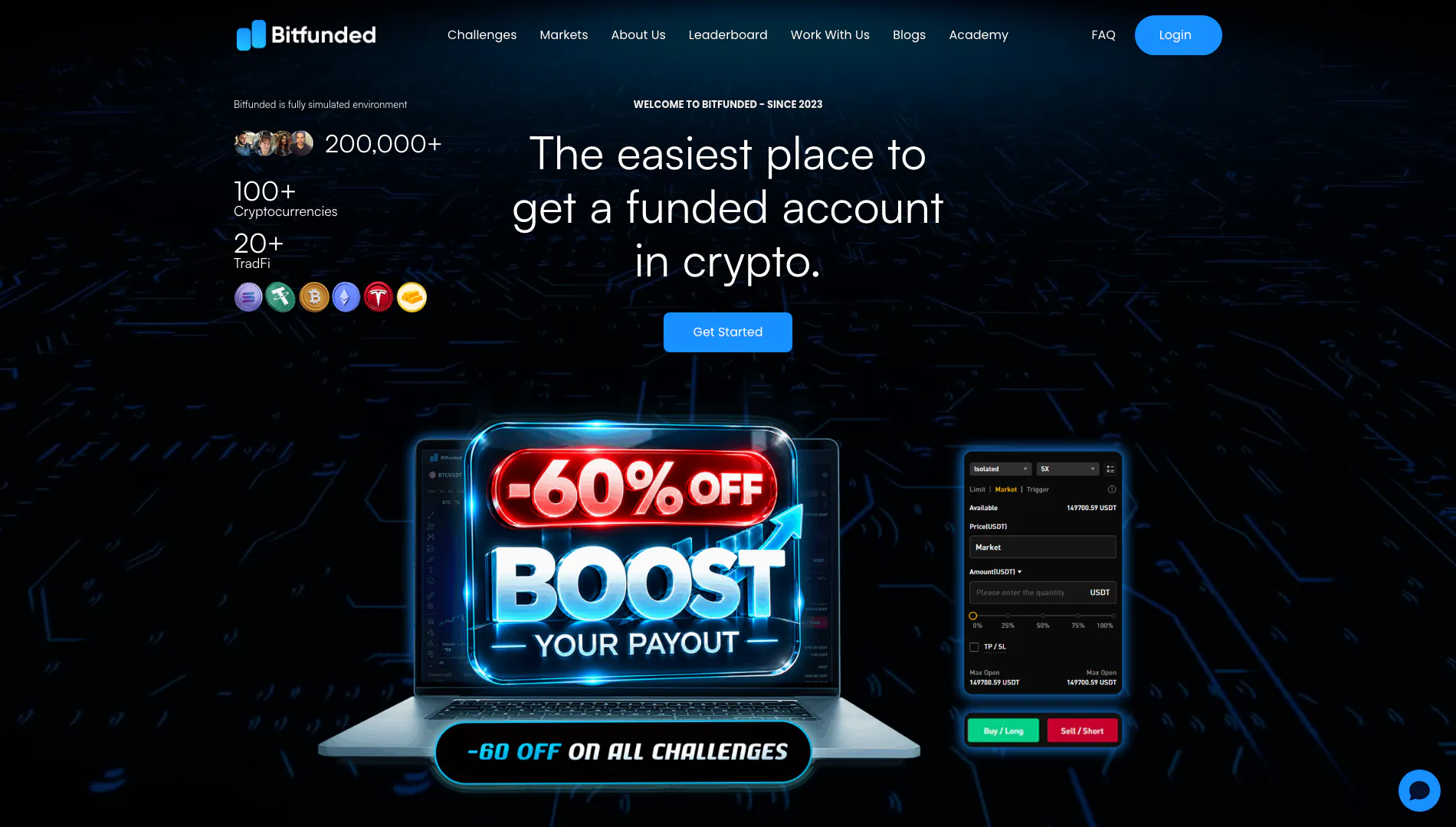 Bitfunded homepage showing the easiest place to get a funded account in crypto hero and its own trading platform.