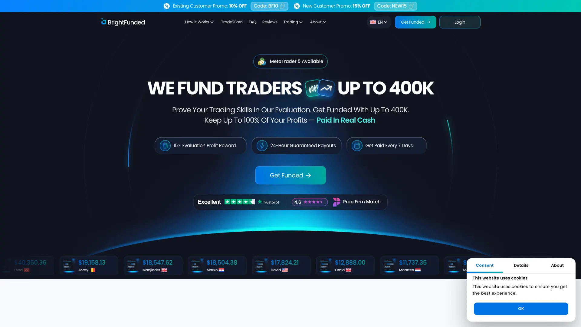 BrightFunded challenge page showing beginner-friendly funded account plans and evaluation flow.