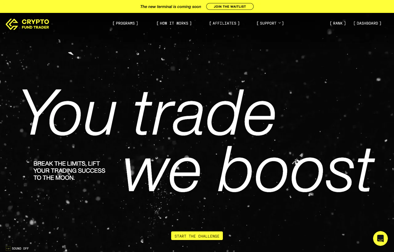 Crypto Fund Trader homepage showing the brand logo, main navigation and the You trade we boost hero.