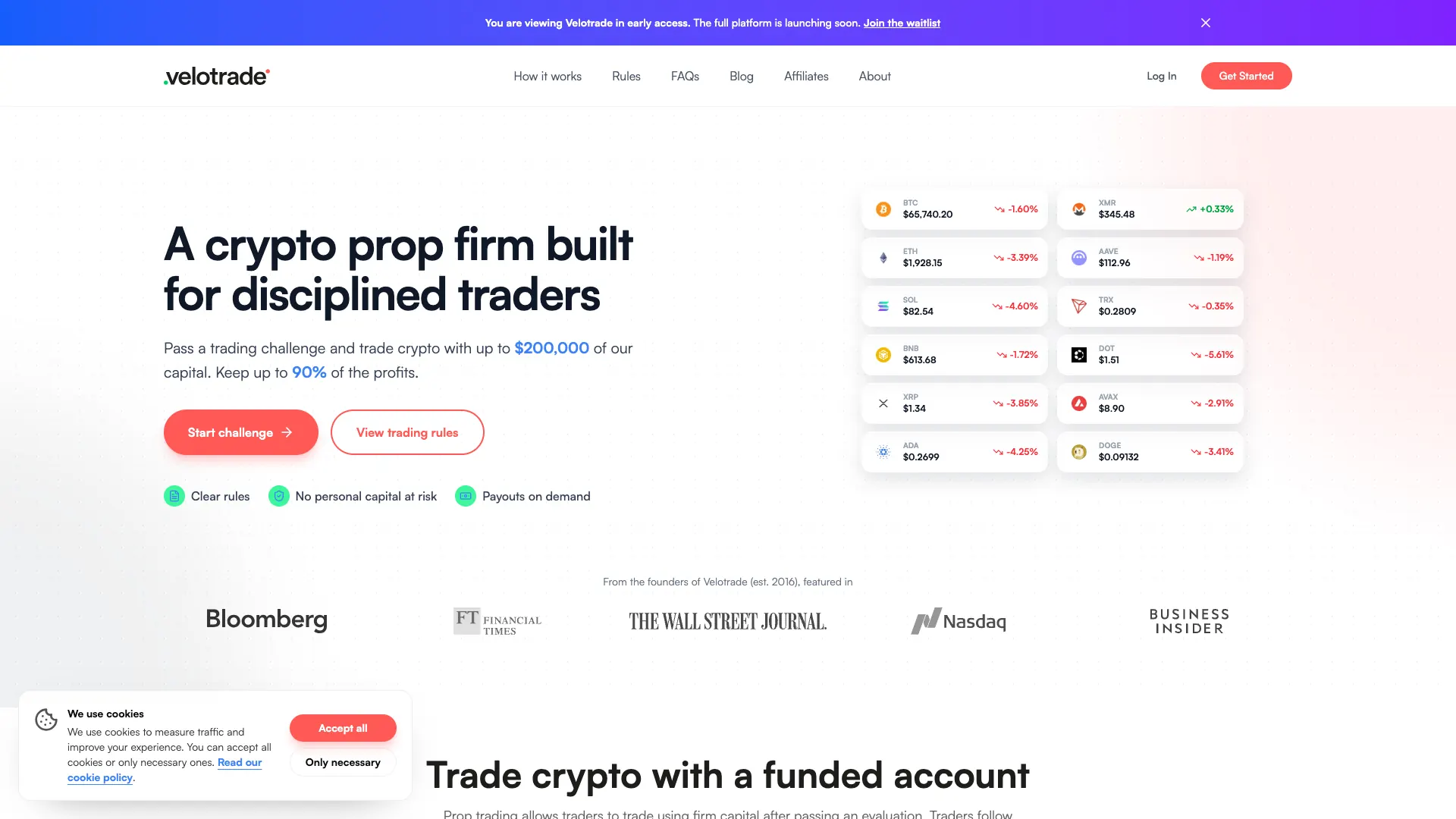 Velotrade crypto prop trading platform page showing challenge account options and pricing.
