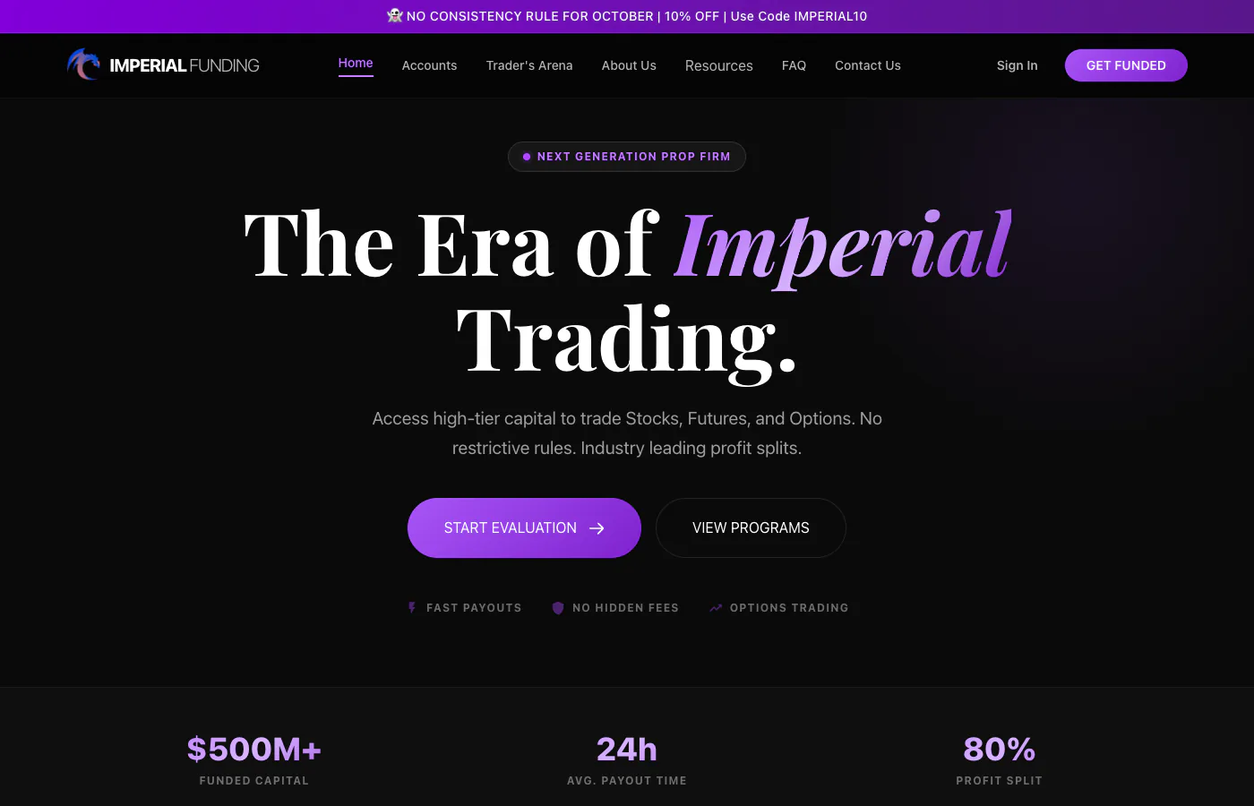 Imperial Trader Funding homepage showing The Era of Imperial Trading hero with stocks, futures and options.