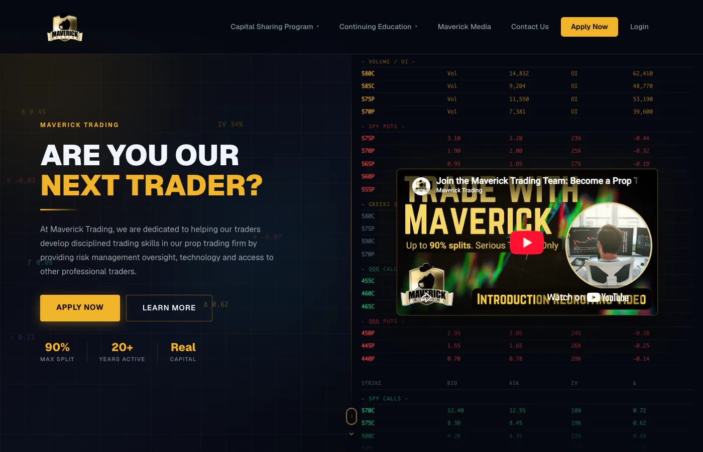 Maverick Trading homepage showing the Are You Our Next Trader hero with an options chain.