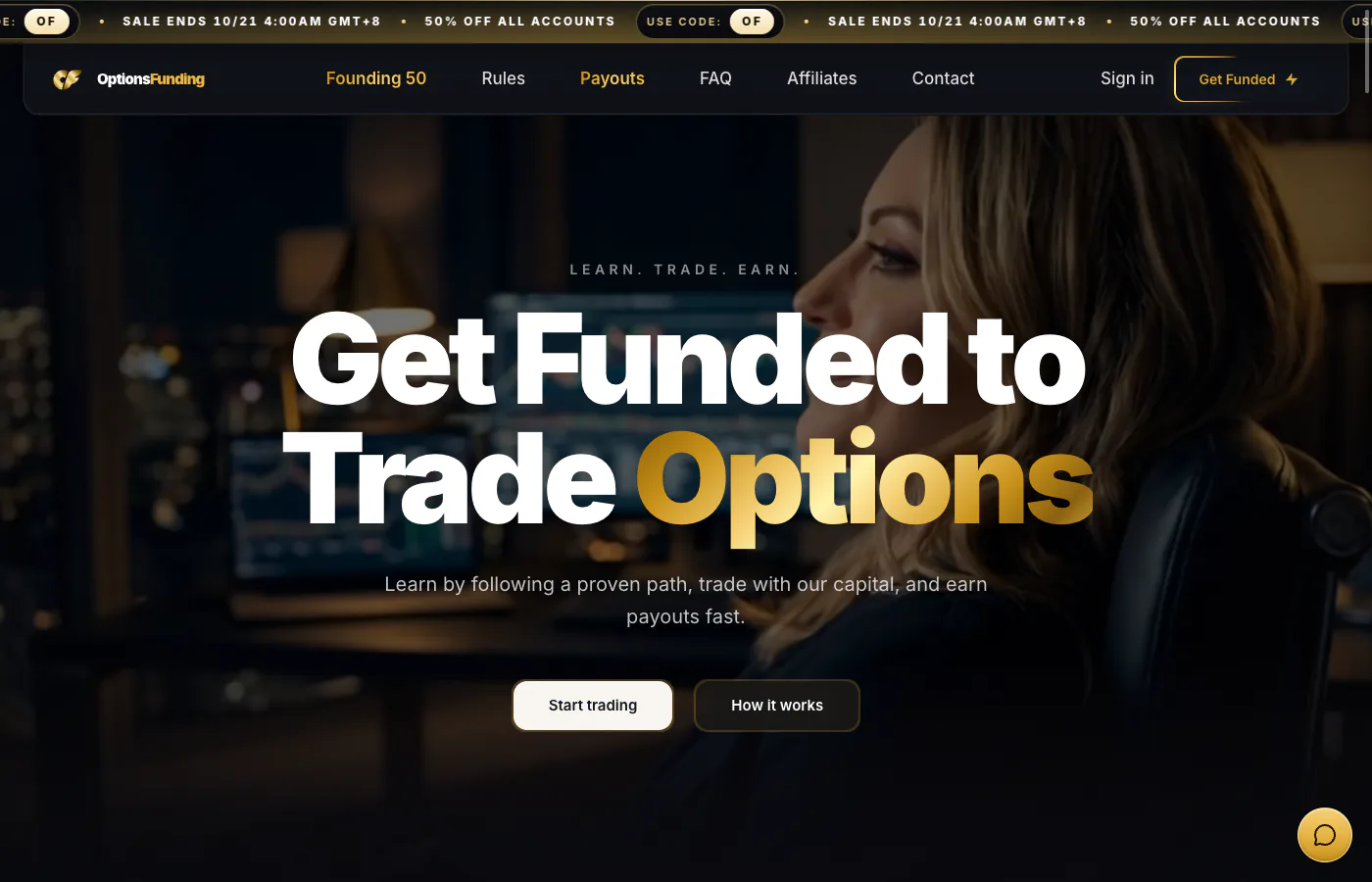 Options Funding homepage showing the Get Funded to Trade Options hero.