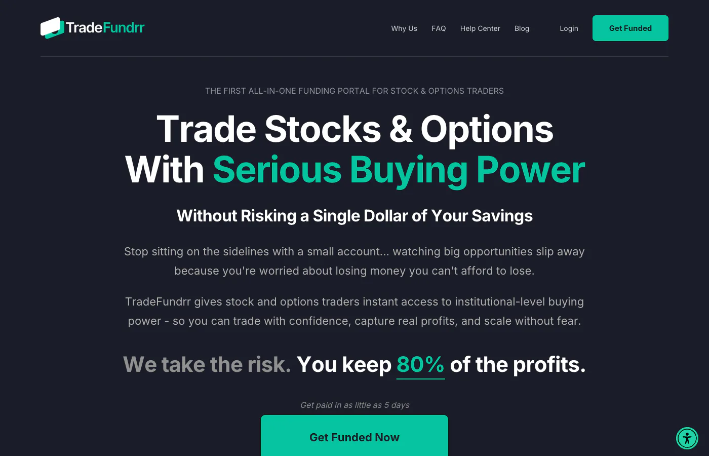 TradeFundrr homepage showing the Trade Stocks and Options With Serious Buying Power hero.