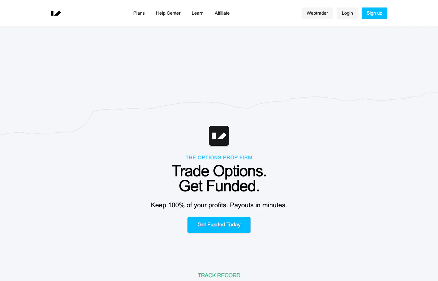 Vanquish Trader homepage showing the Trade Options. Get Funded. hero.