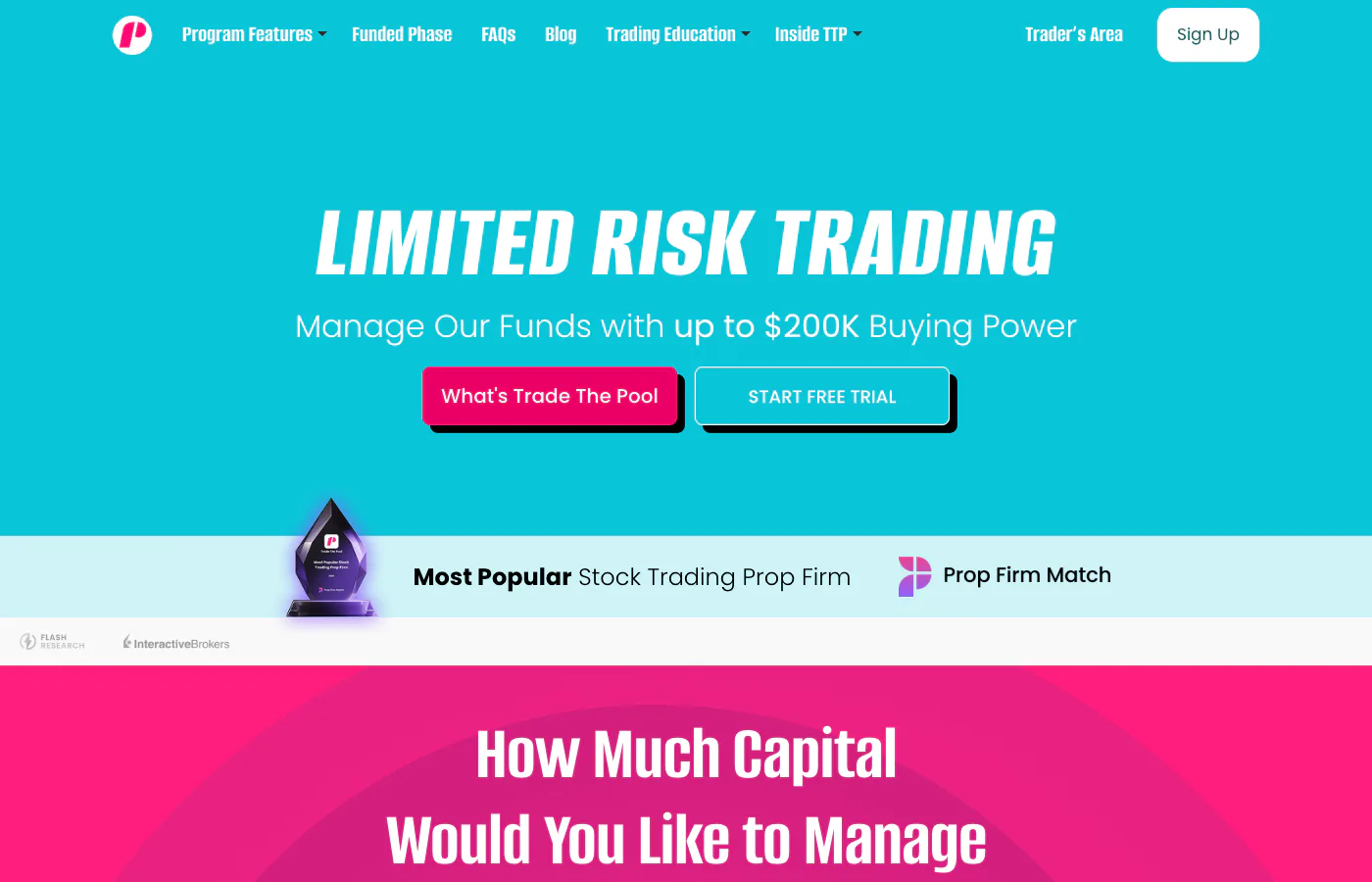 Trade The Pool homepage showing the Limited Risk Trading hero and up to $200K buying power.