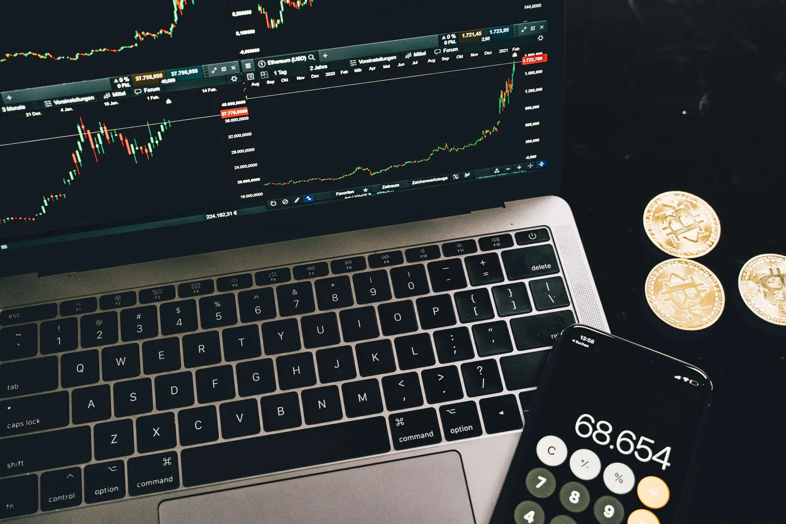 Laptop showing a crypto price chart beside a phone calculator