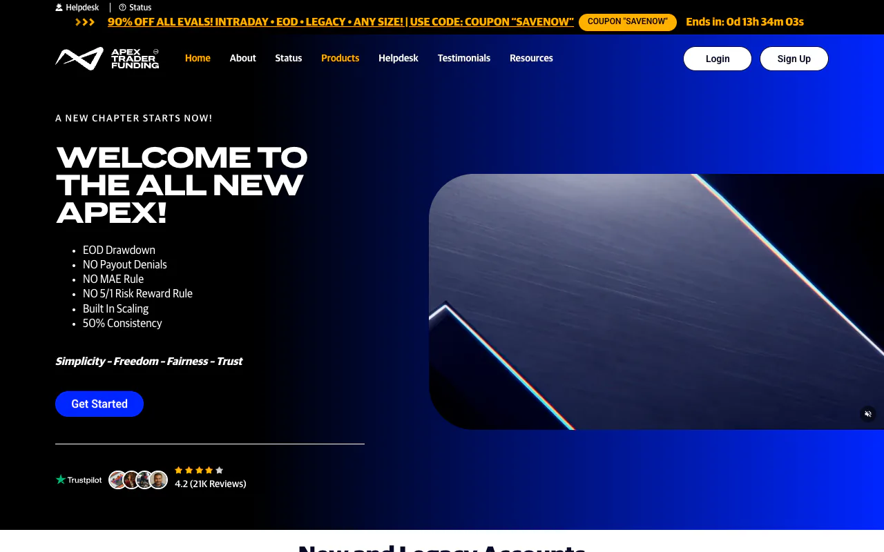 Apex Trader Funding homepage showing the Welcome to the All New Apex hero and its evaluation rule highlights.