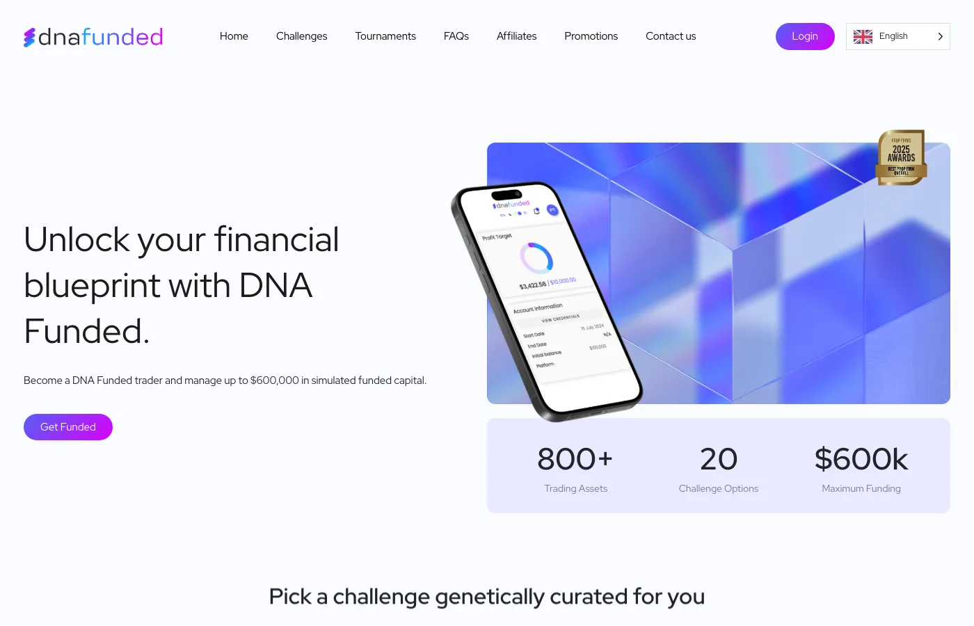 DNA Funded challenge page showing low-cost entry options and multi-instrument funding conditions.