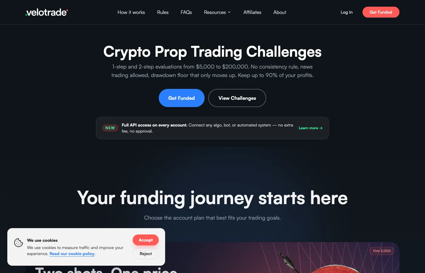 Velotrade crypto prop trading challenge page showing account options and funding conditions.