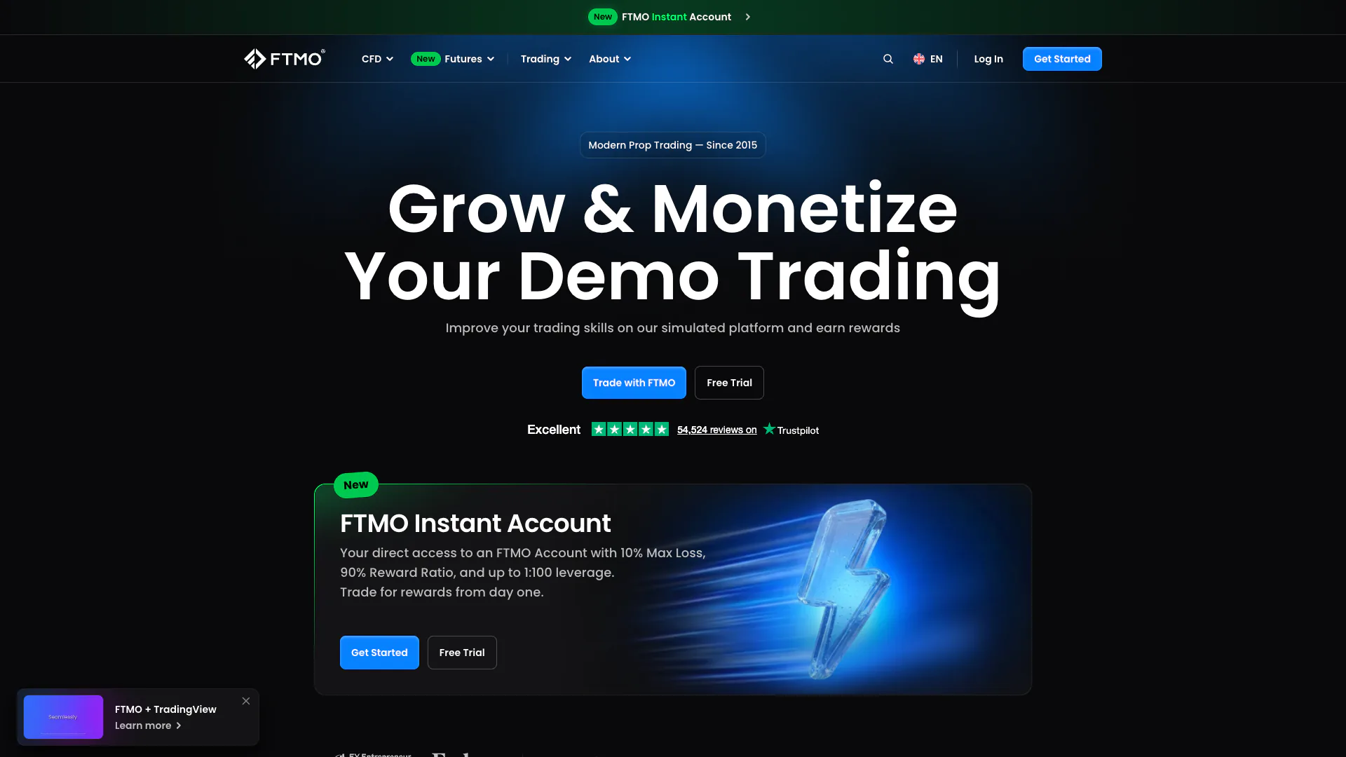 FTMO homepage showing its prop trading challenge offer and account options.