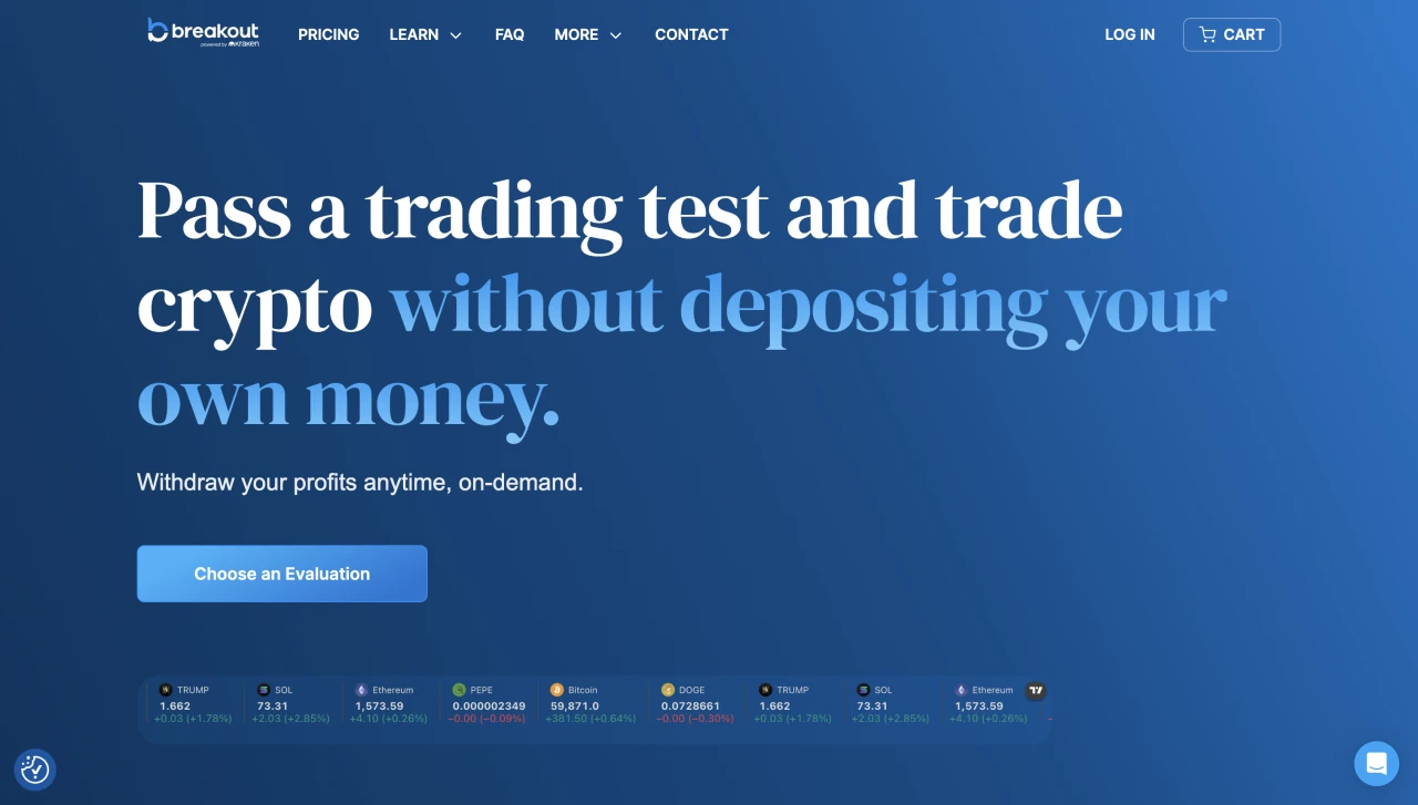 Breakout Prop website homepage. Screenshot July 2026.