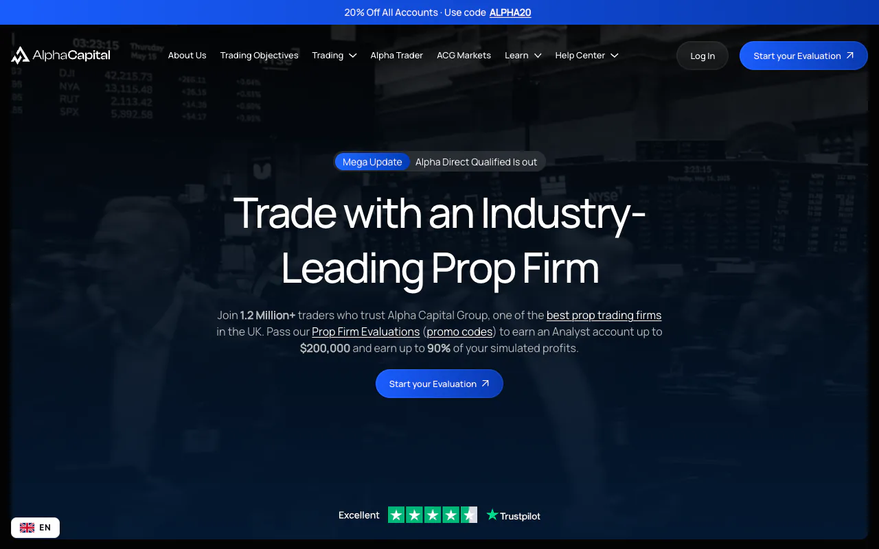 Alpha Capital homepage showing its prop firm evaluations and simulated funded accounts.