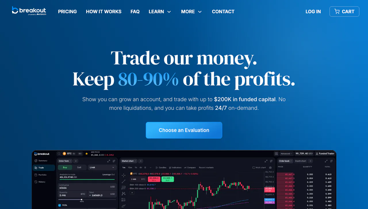 Breakout Prop homepage showing its Kraken-backed crypto trading platform and evaluation offer.