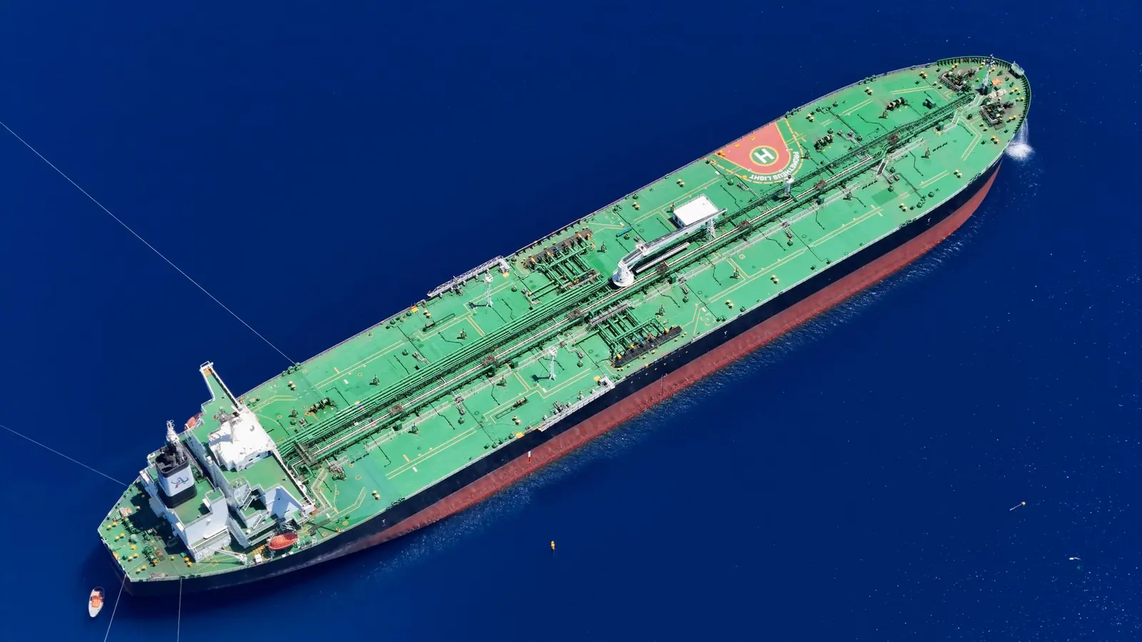 An oil tanker at sea seen from above