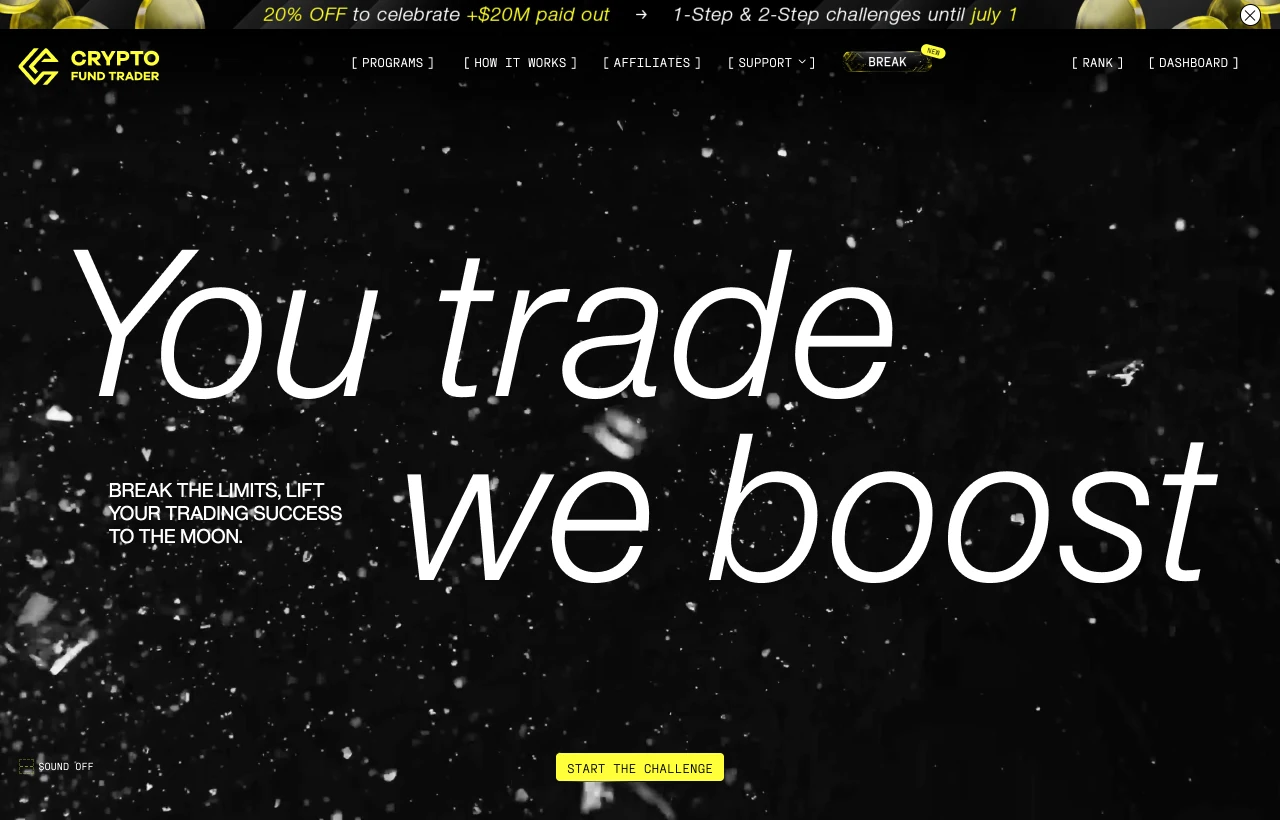 Crypto Fund Trader website homepage. Screenshot July 2026.