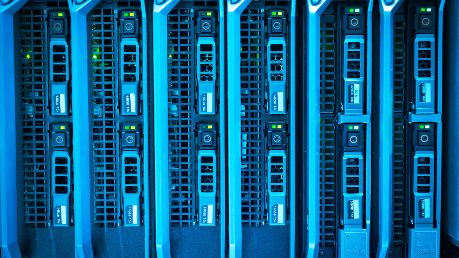 Rows of illuminated server units in a data centre