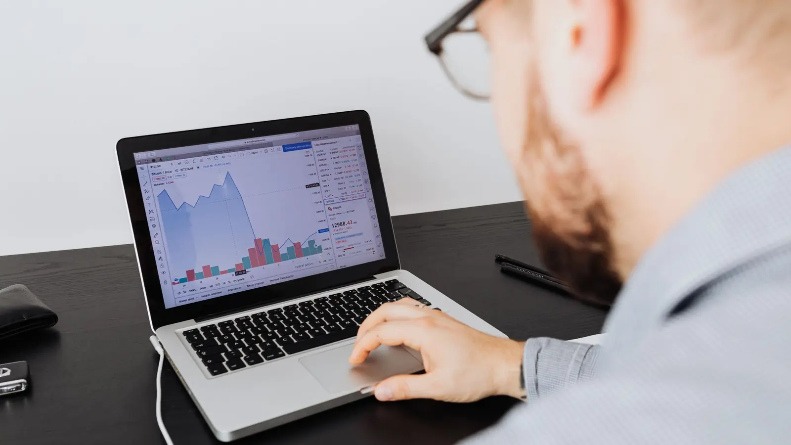 A trader reviewing charts on a laptop at a desk