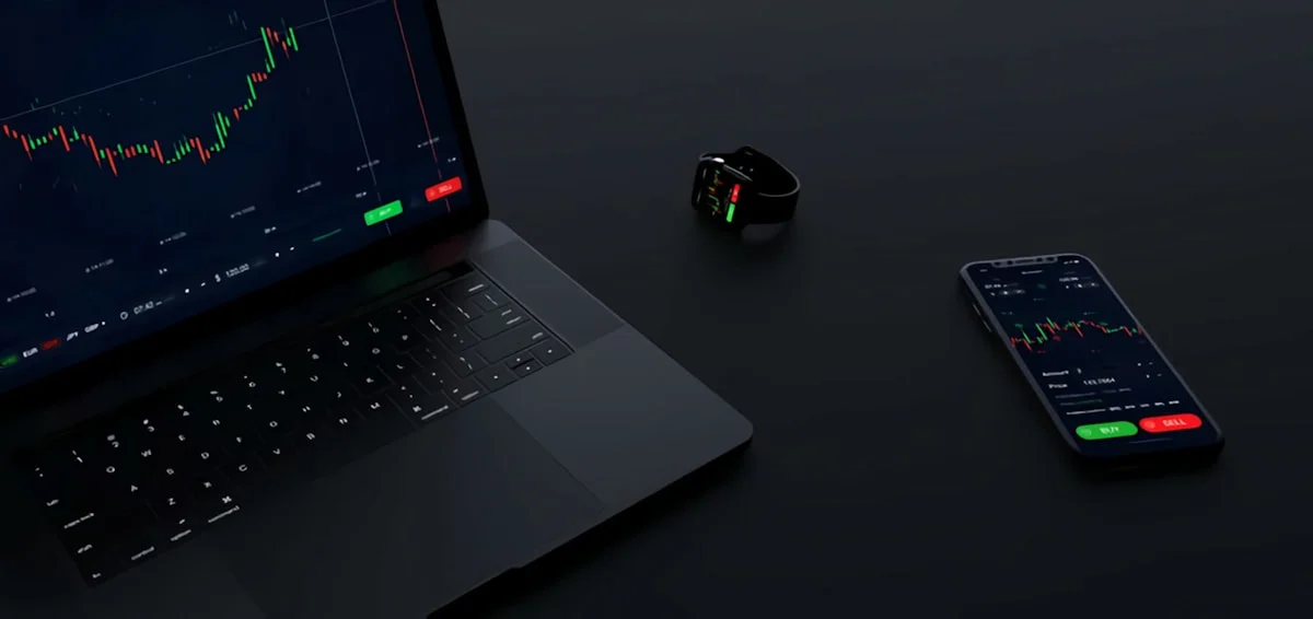 A trading setup showing a laptop with price charts alongside a smartwatch and phone used to monitor live positions.