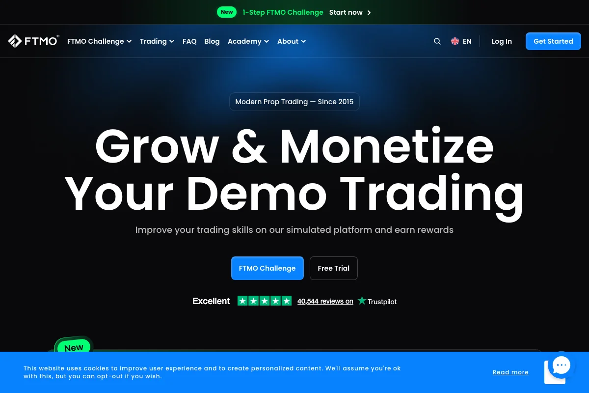FTMO homepage showing forex-first challenge structure with crypto as a secondary add-on. Screenshot March 2026.