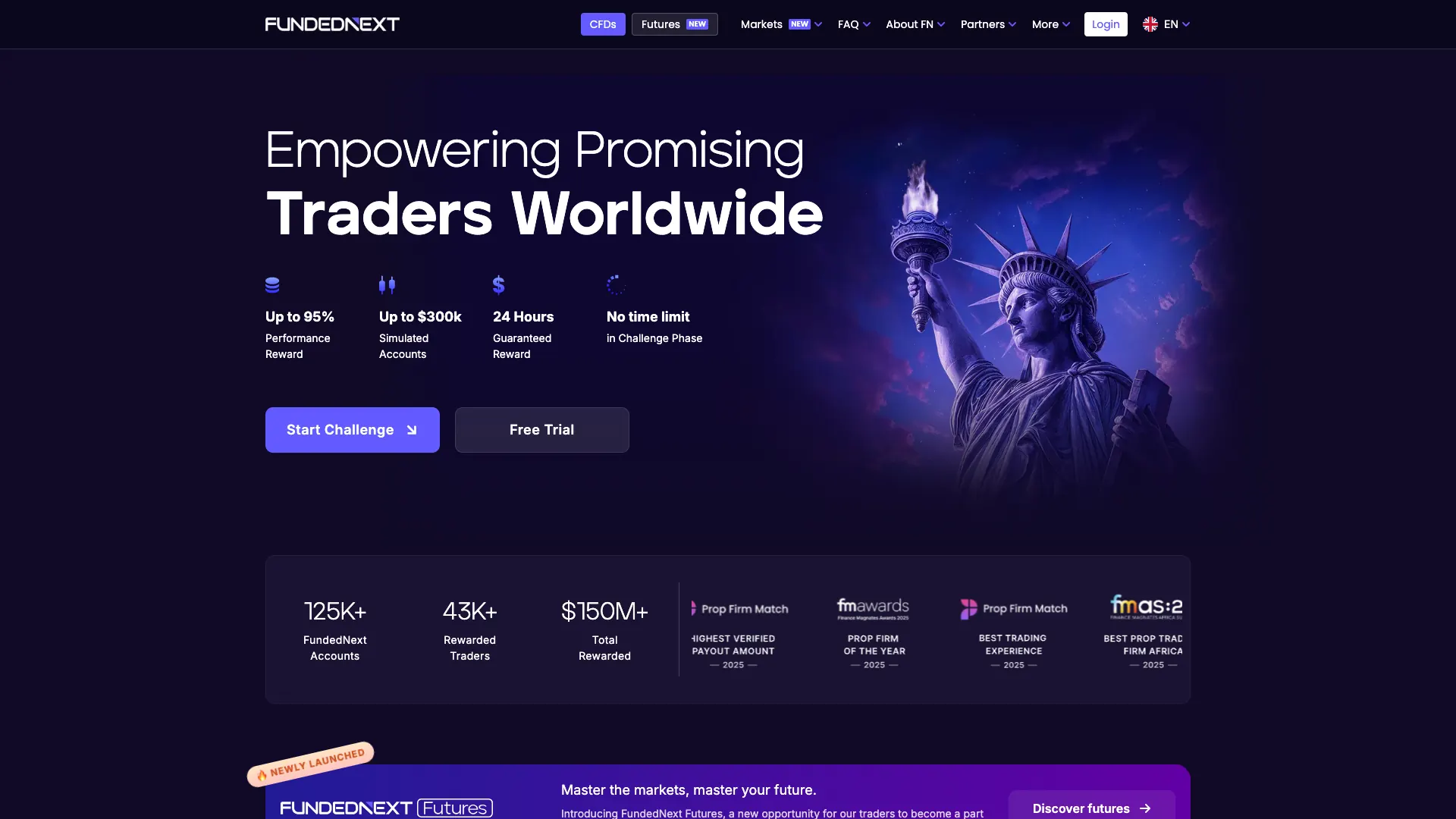 FundedNext challenge page showing Stellar model options, account sizes, and evaluation program details. Screenshot May 2026.