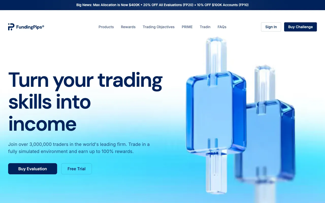 FundingPips website homepage. Screenshot July 2026.