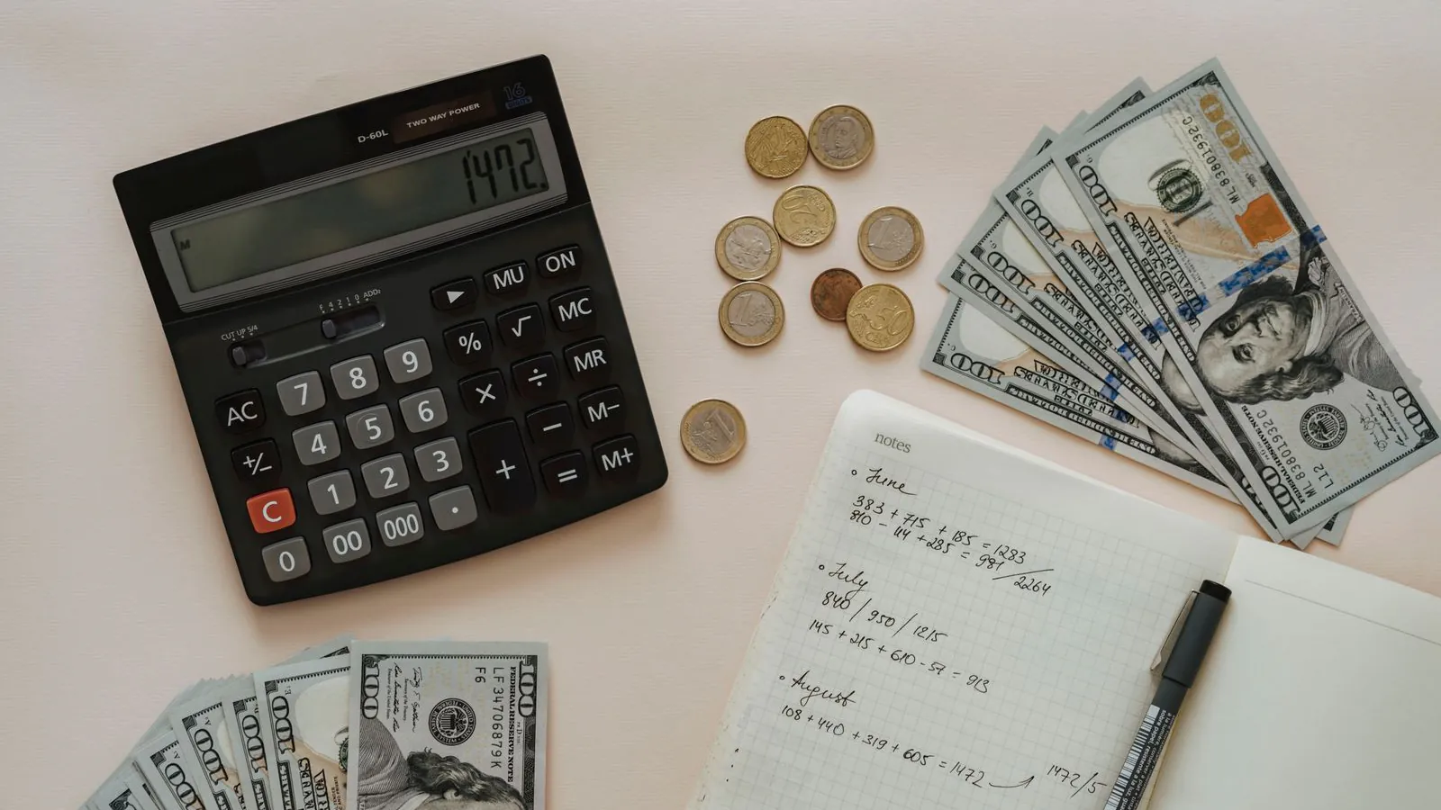 A calculator, coins, banknotes, and handwritten notes on a desk