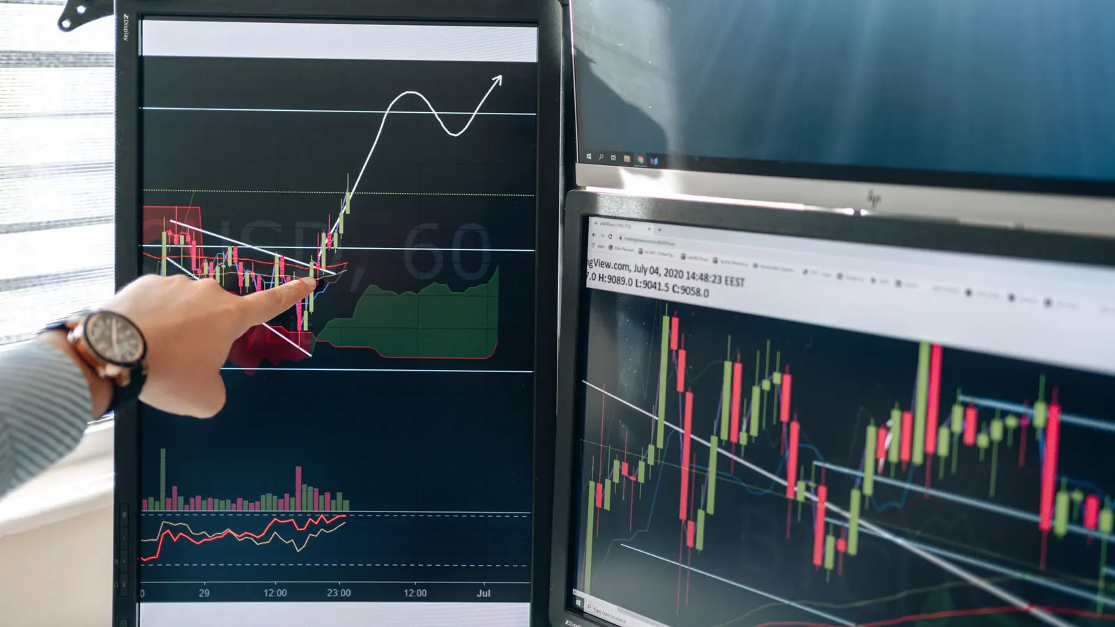 A trader pointing at a candlestick chart on a monitor