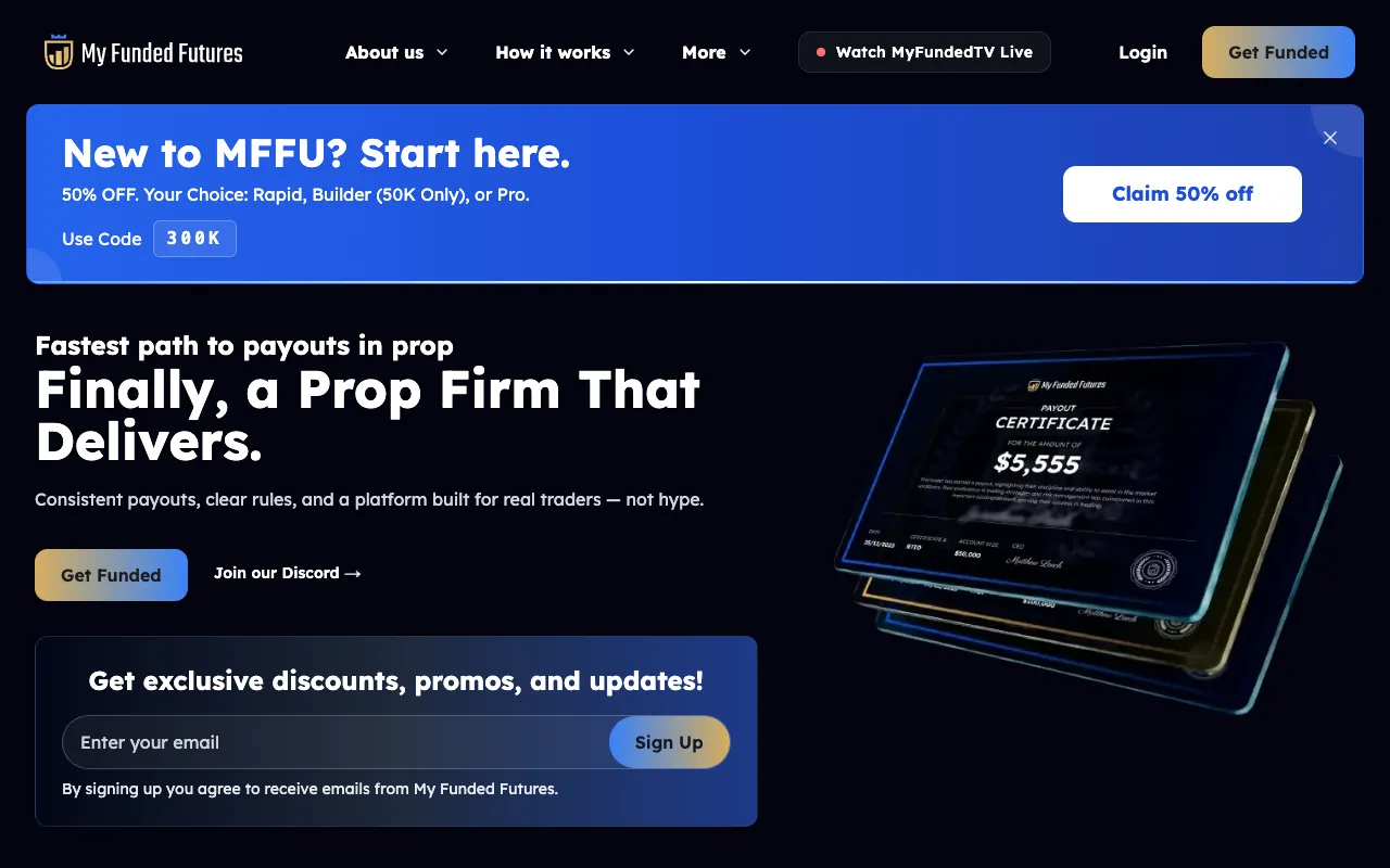 MyFundedFutures website homepage. Screenshot July 2026.