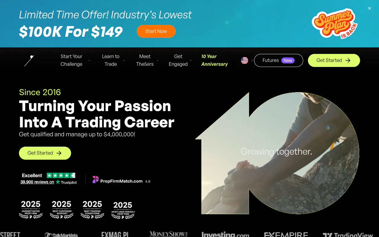 The5ers homepage showing the Turning Your Passion Into A Trading Career hero and a limited time offer banner.