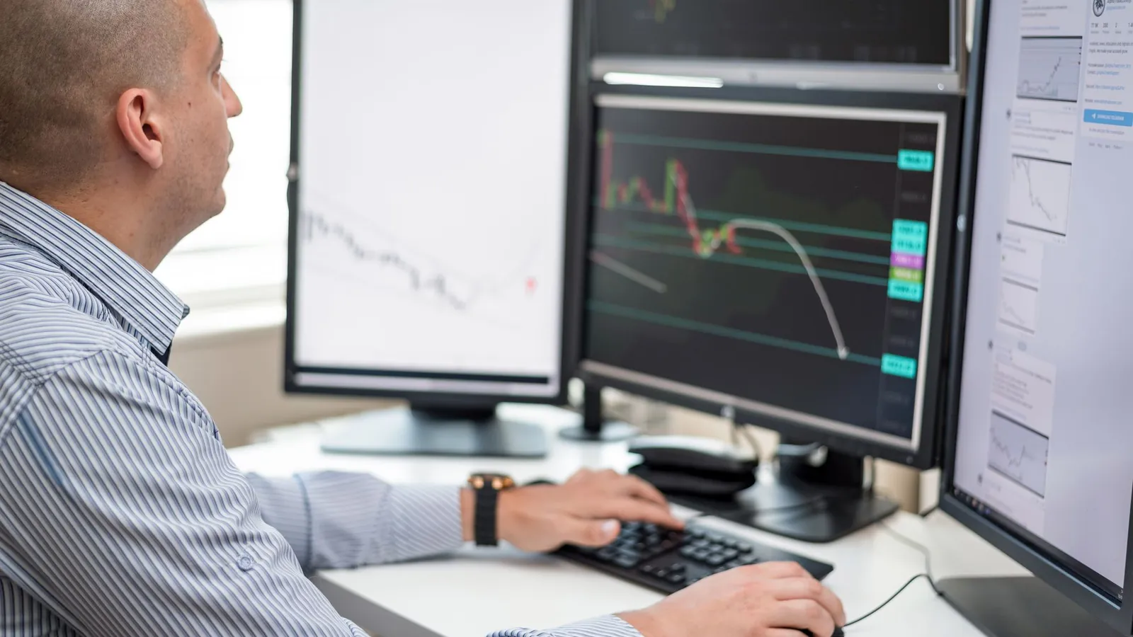 A trader at a desk with several monitors showing index charts