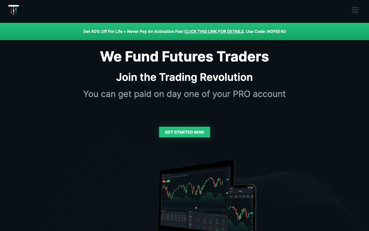 Take Profit Trader website homepage reading 'We Fund Futures Traders', with a day-one PRO payout message and a promotional discount banner. Screenshot July 2026.