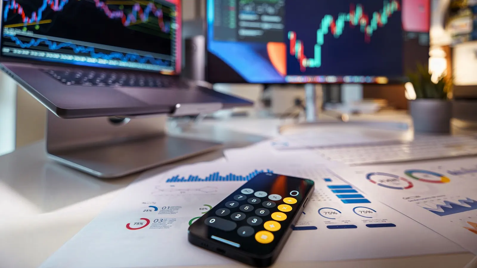 A trading desk with monitors showing charts and a calculator on printed reports