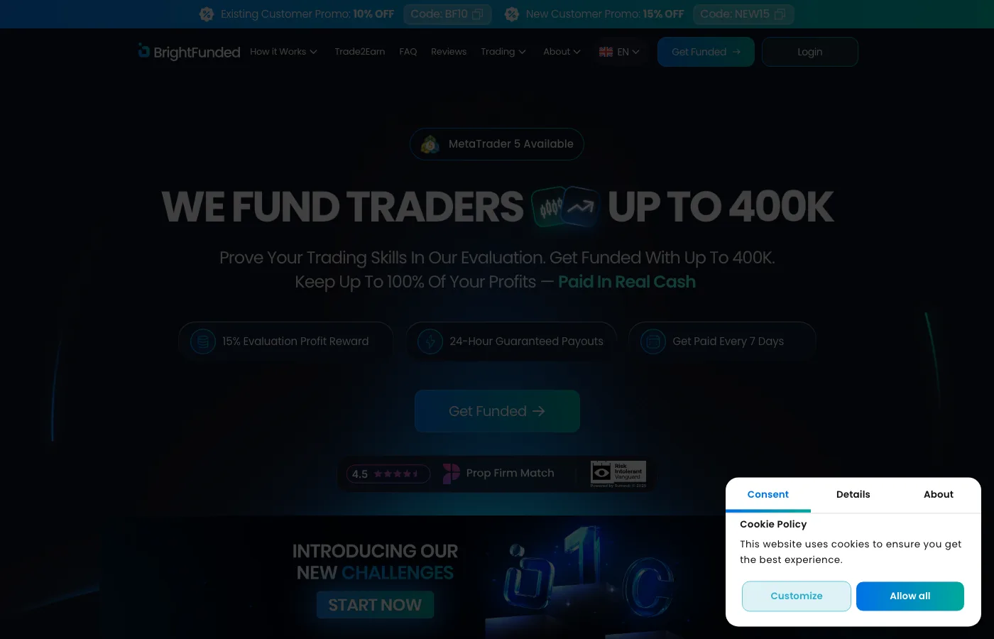 BrightFunded prop trading challenge page showing beginner-accessible account options and multi-platform support.