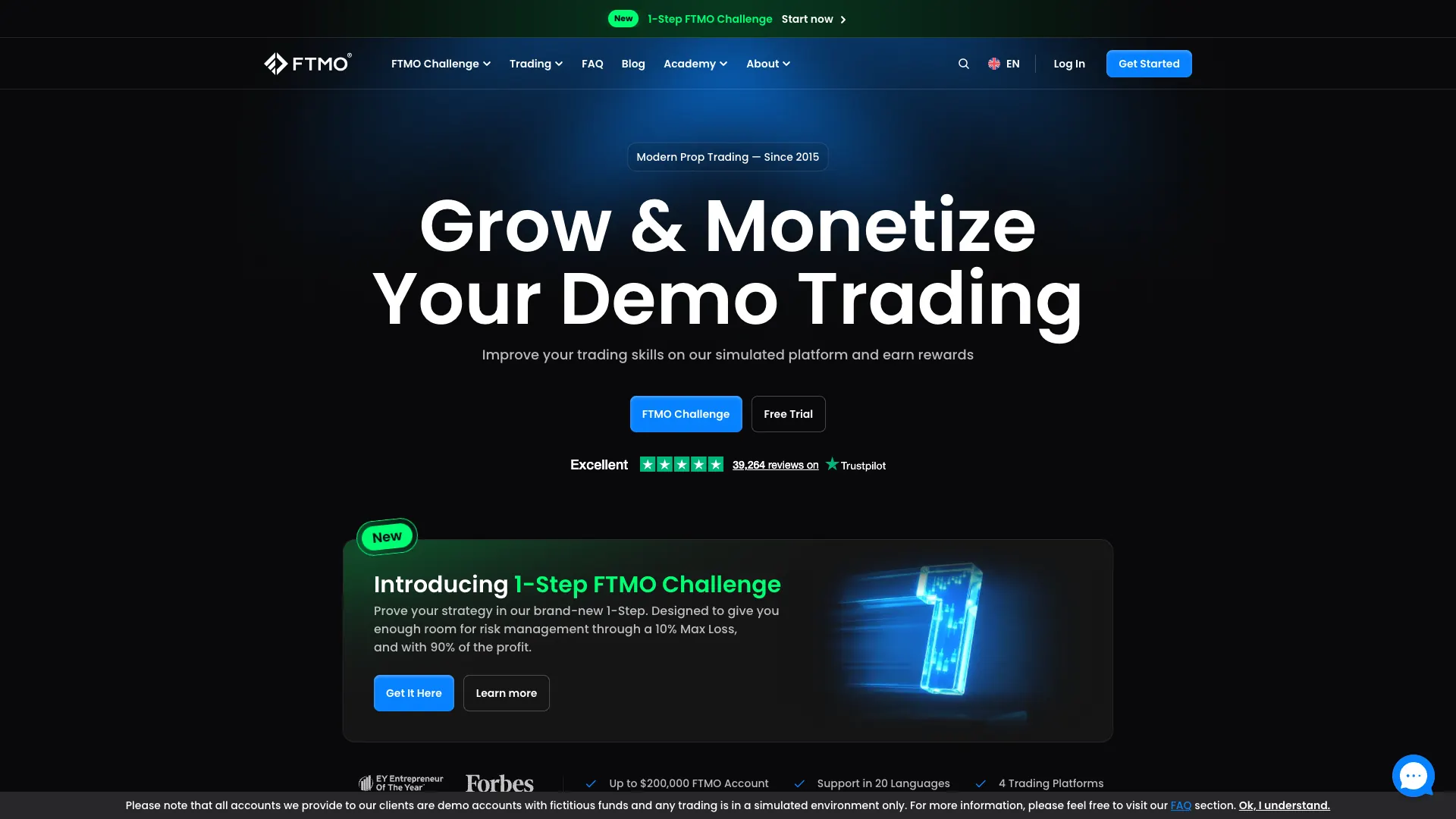 FTMO prop trading challenge page showing forex account options and evaluation structure.