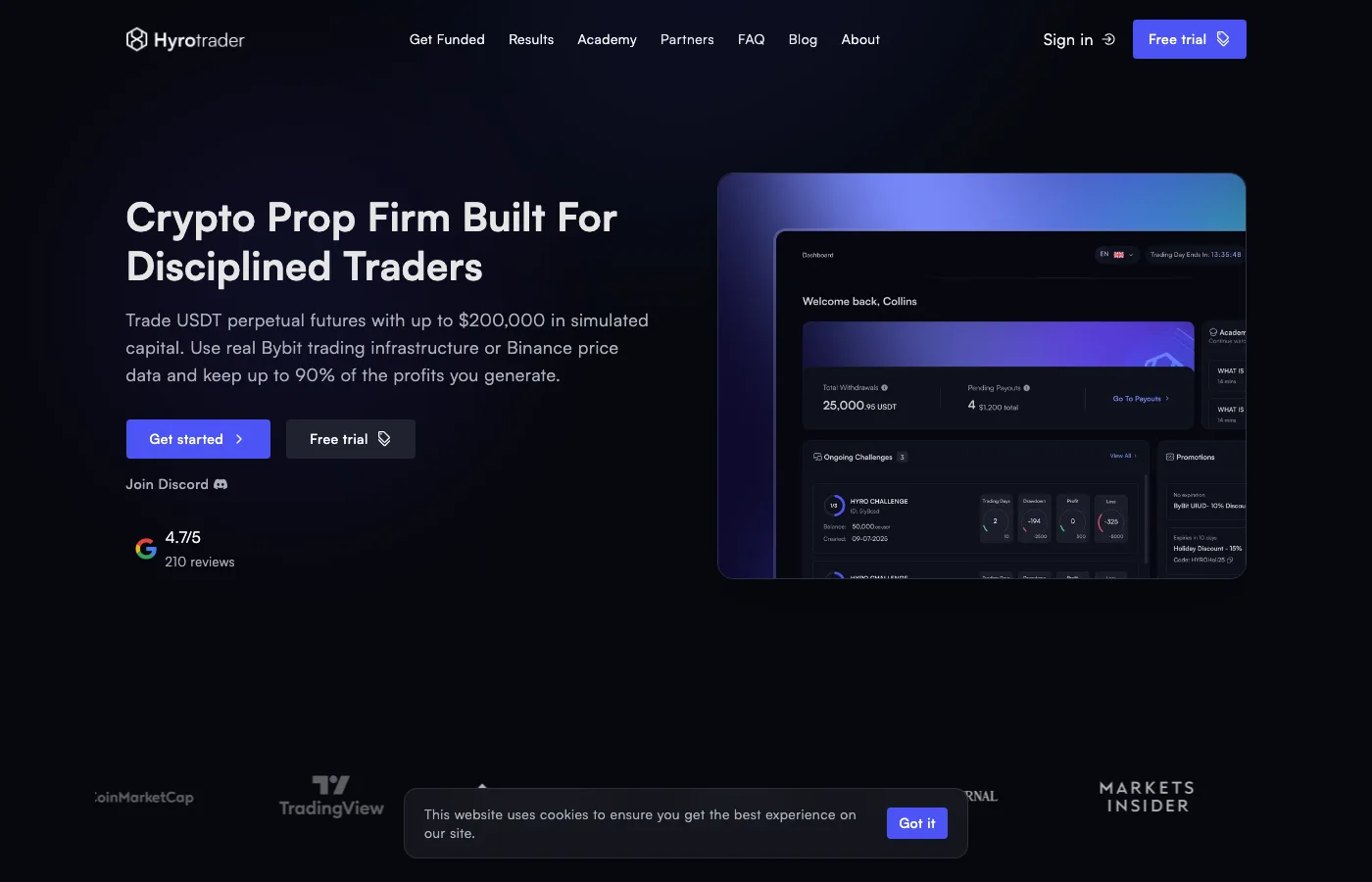HyroTrader crypto prop trading challenge page showing Bybit-connected account options and evaluation structure.