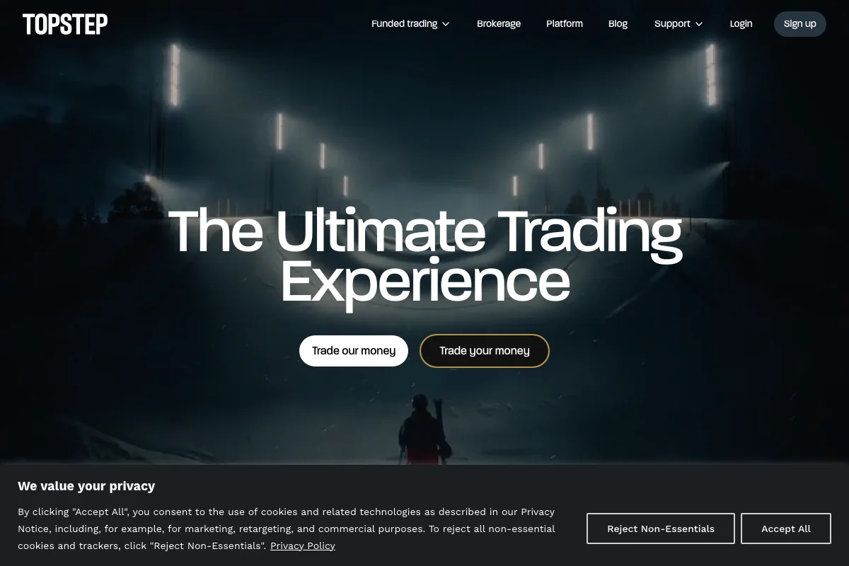 Topstep homepage showing futures-only trading combine with no crypto offering. Screenshot March 2026.