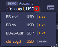 DXtrade account selector listing several Challenge accounts