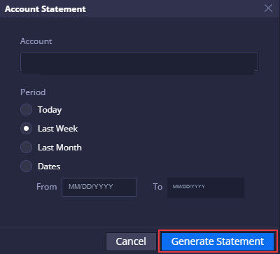 DXtrade Account Statement dialog with account and period options